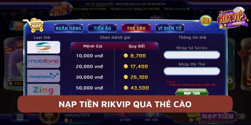 Nạp tiền tại sân cược Rikvip với thẻ cào